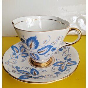 Vintage Windsor England Teacup and Saucer Gold Gild with Blue Leaves